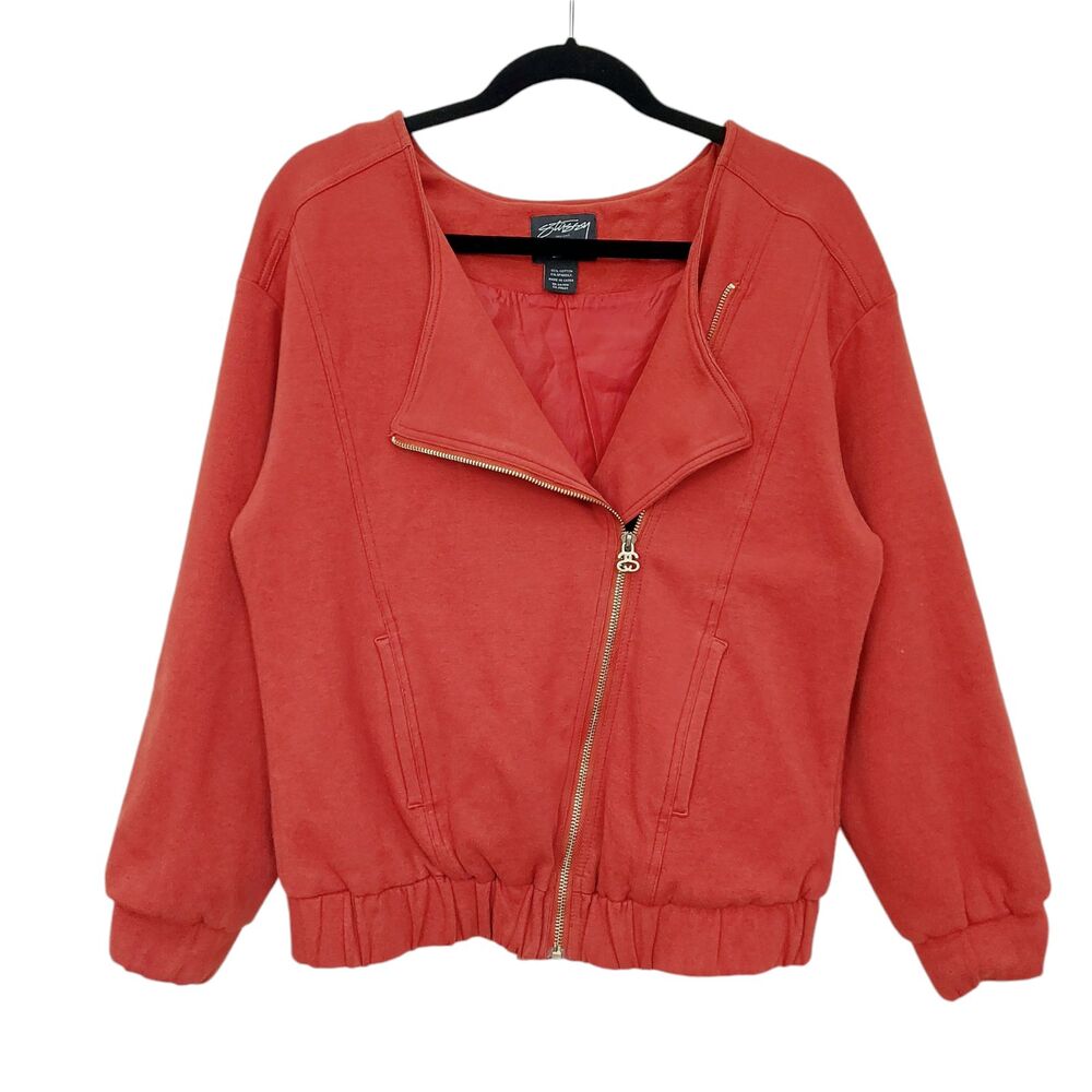 Stussy Womens Large Burnt Orange Asymmetrical Zip Cinched Waist Moto Jacket